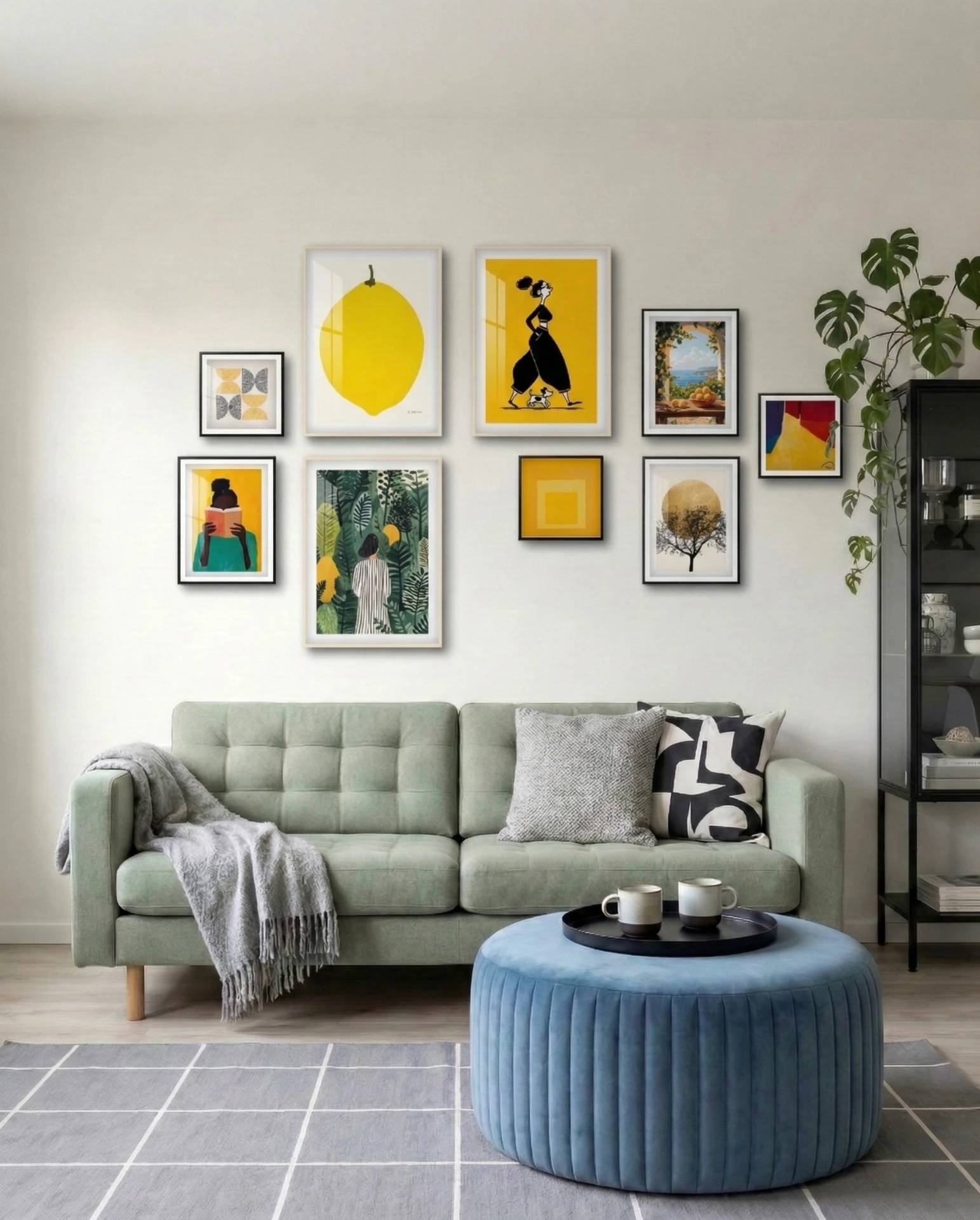 Yello Wall Living Room - Photo wall layout by Scott. Tags: Eclectic, Art Prints, Minimalist, Gallery Wall